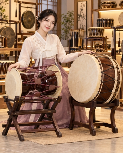 멘토뮤직 국악기 스탠드 - 한복 여성 모델과 장구 받침대, 북 스탠드