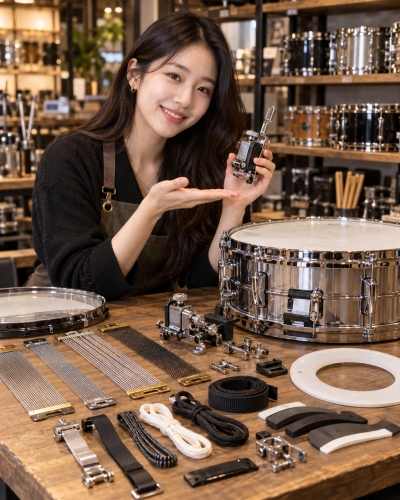 멘토뮤직 스네어관련부품 - 여성 모델과 스네어 스트레이너, 와이어, 코드, 스트랩 등 부품 소개