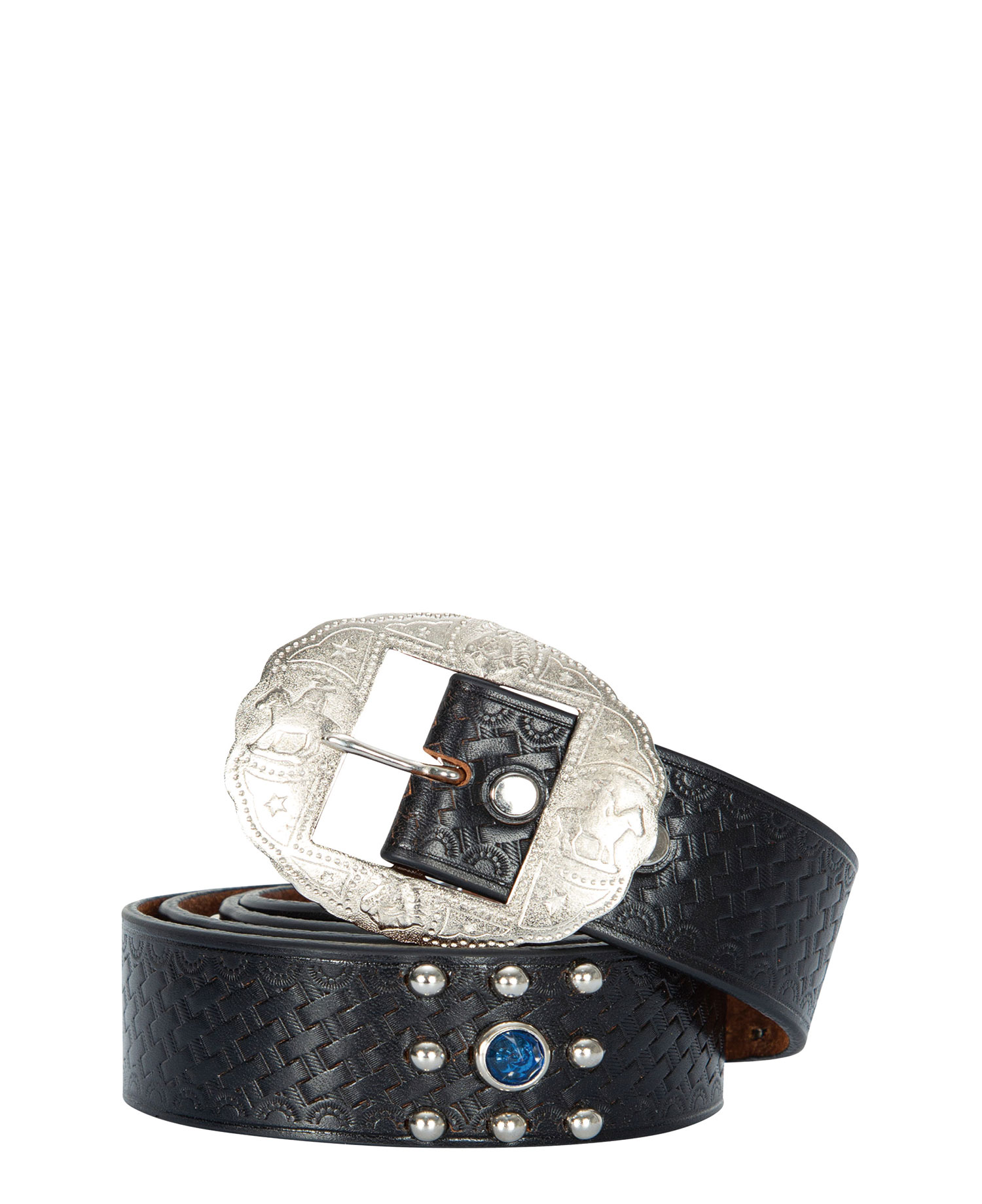 [APACHE CUSTOM WORKS] COWBOY ENGRAVED BUCKLE STUDDED LEATHER BELT_BLACK