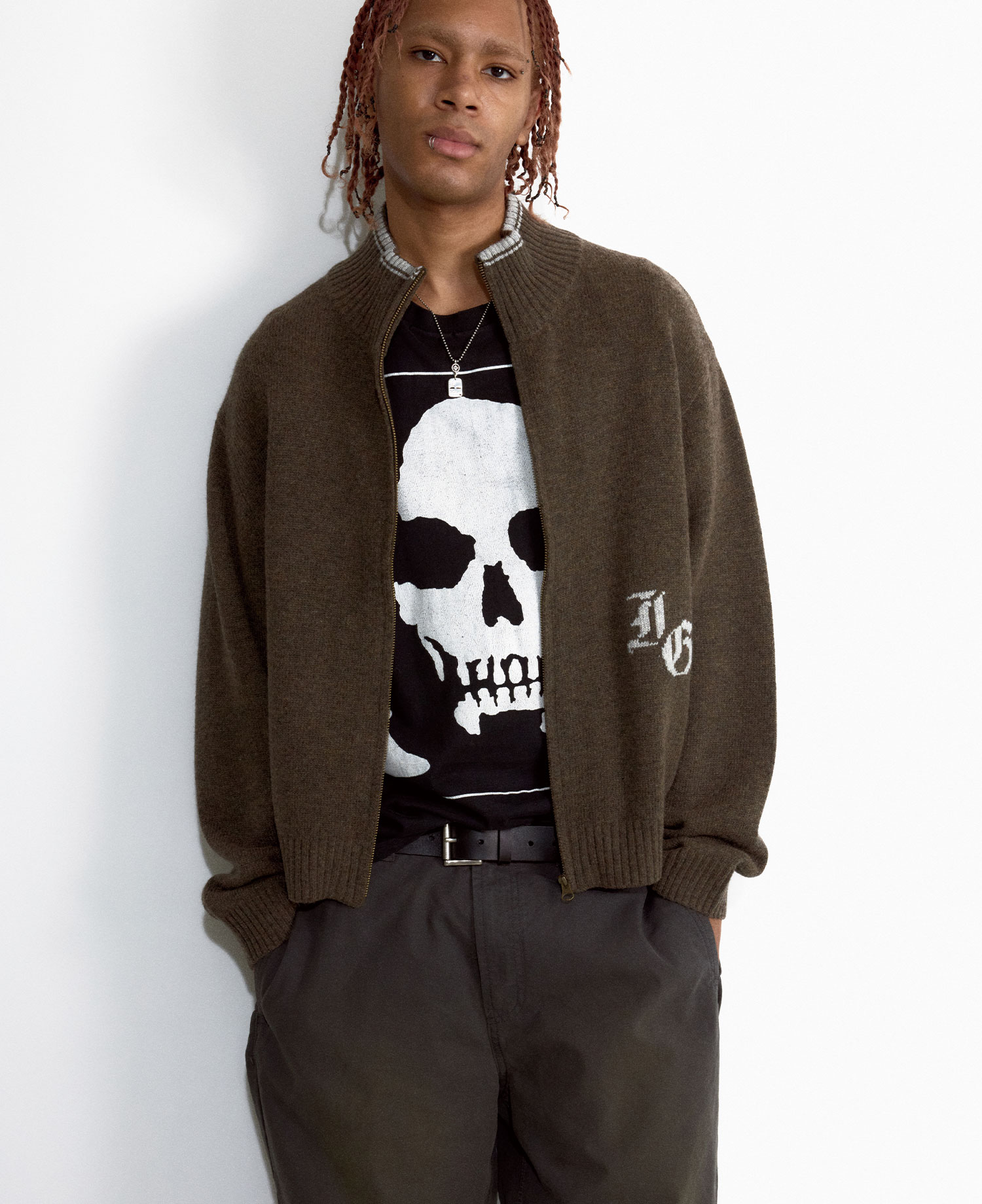 INSANE BASIC FULL ZIP-UP KNIT_KHAKI