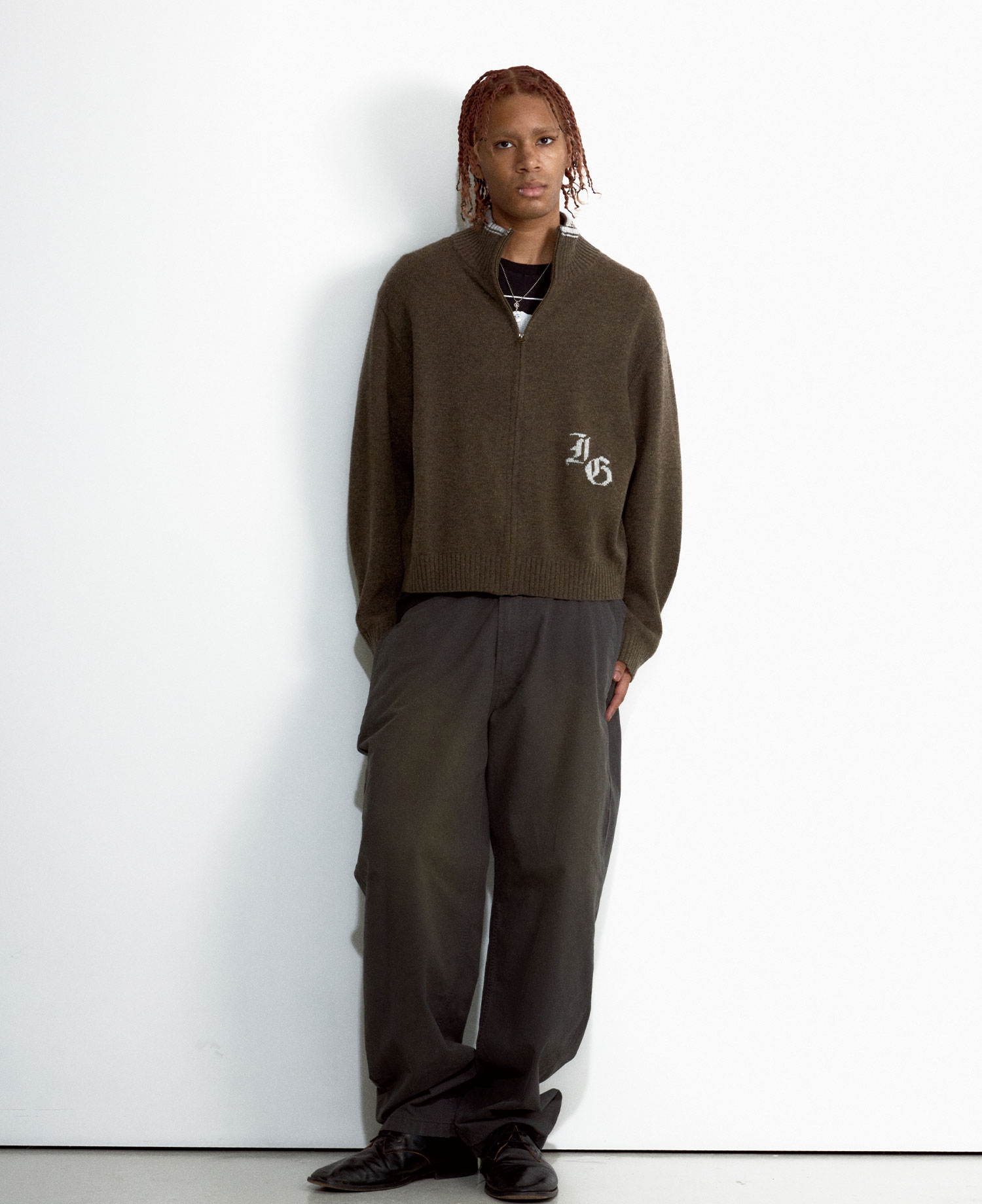 INSANE BASIC FULL ZIP-UP KNIT_KHAKI