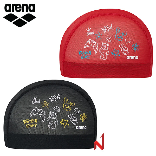 아레나 수영모자 드로잉 메쉬수모 A6AC1AS12 BLK/RED