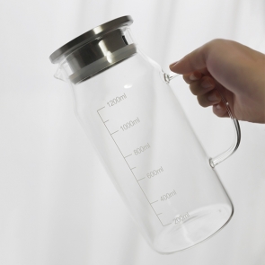 키이플 내열유리 물병 카페 냉장고 저그 손잡이 눈금 스텐뚜껑 1.2L