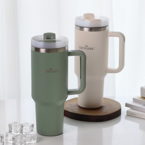 퀸센스 심플 텀블러 대용량 1200ml 보온보냉 스텐 빨대 손잡이 차량용