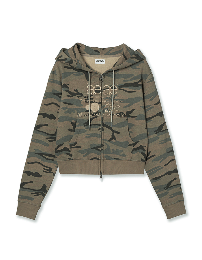 AEAE WEB LOGO CROP HOOD ZIP UP CAMO BEIGE