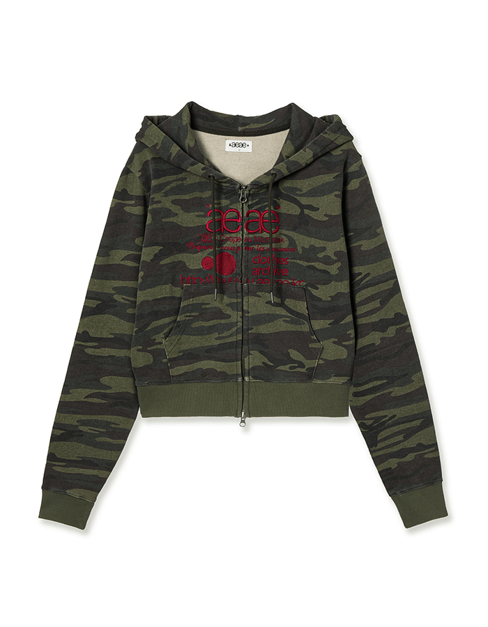 AEAE 에이이에이이 WEB LOGO CROP HOOD ZIP UP [CAMO GREEN]