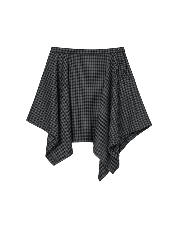 AEAE 에이이에이이 ASYMMETRIC DRAPE CHECK SKIRT [BLACK]