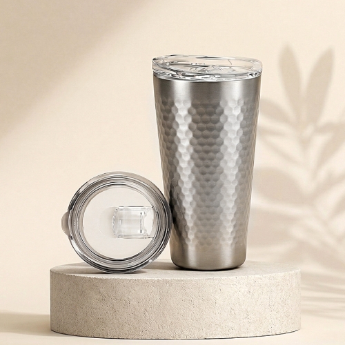 (홈아트) 이중진공 텀블러(벌집)스텐컵 430ml-실버 (뚜껑포함)