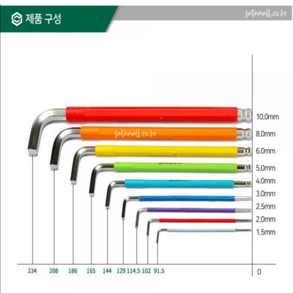 사타 컬러렌치 육각 롱볼렌치세트 L렌치 9PCS 09101CH