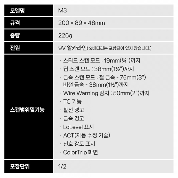 지르콘 멀티 탐지기 스터드 활선 금속 배관 자동구별 스캔 M3
