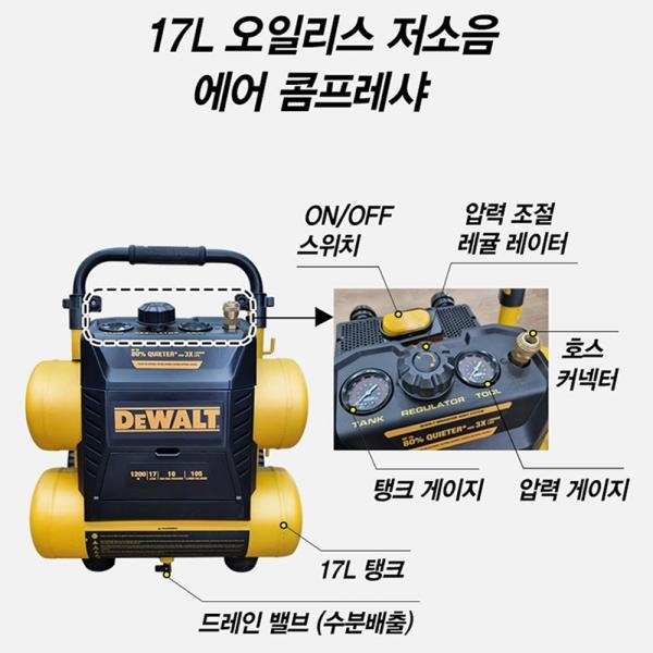 디월트 2.5마력 에어콤프 저소음 17L 이동식 콤프레샤 1350W