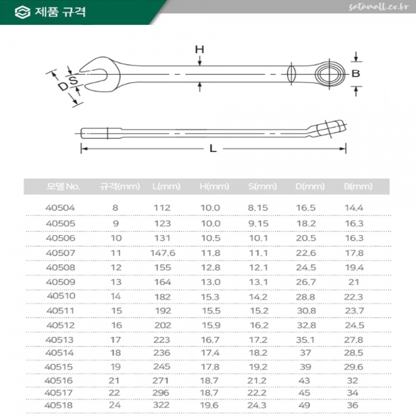 사타 콤비네이션렌치 스패너 너트렌치 17mm 40513