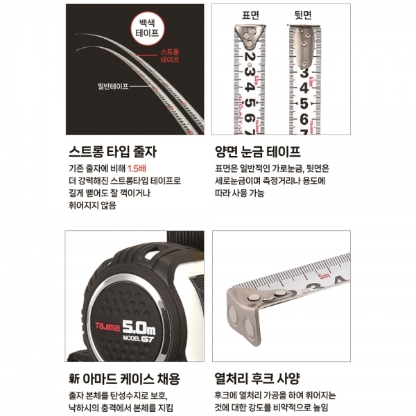 타지마 자동줄자 5M 고아츠 자석 화이트 고무그립 벨트 클립형 SF-G7-LM25-50W