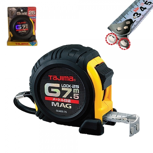 타지마 자석후크 고무그립 7.5M 자동줄자 G록 잠금형 GLM25-75