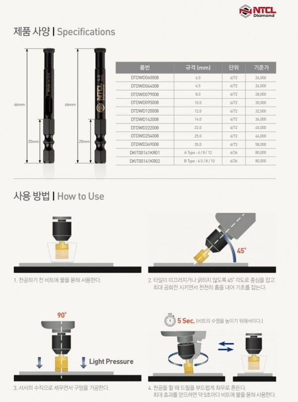 NTCL 융착코어비트 35mm 다이아몬드 홀쏘 유리 세라믹 대리석 타일 천공작업 코아비트