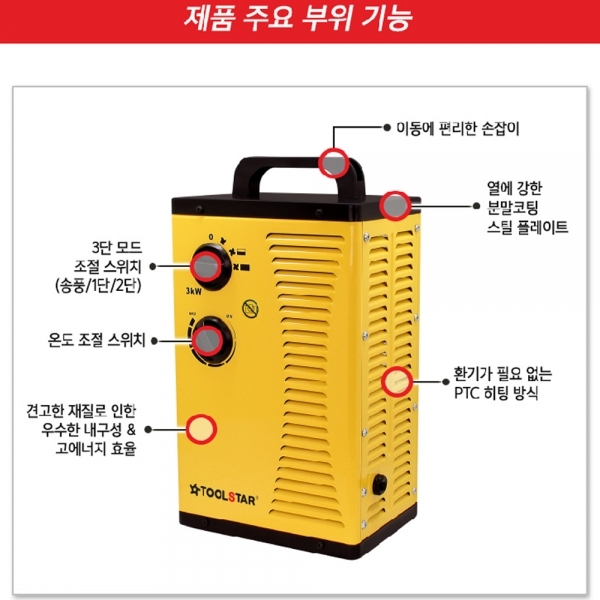 툴스타 산업용 온풍 팬히터 2KW 온도조절형 실내 전기히터