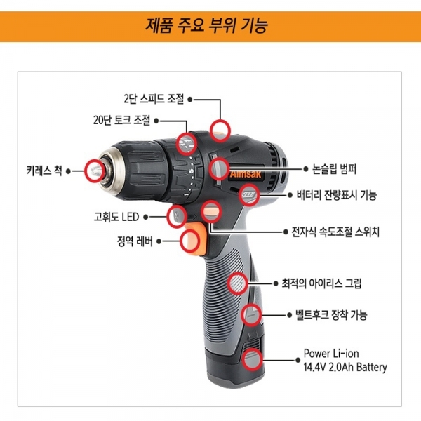 아임삭 충전해머드릴 함마드라이버 14.4V 2.0A AH-414T3G 풀세트