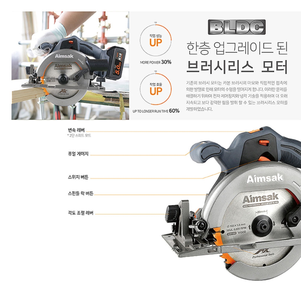 아임삭 브러시리스 충전원형톱 18V 5.0Ah세트 165mm BL18S605