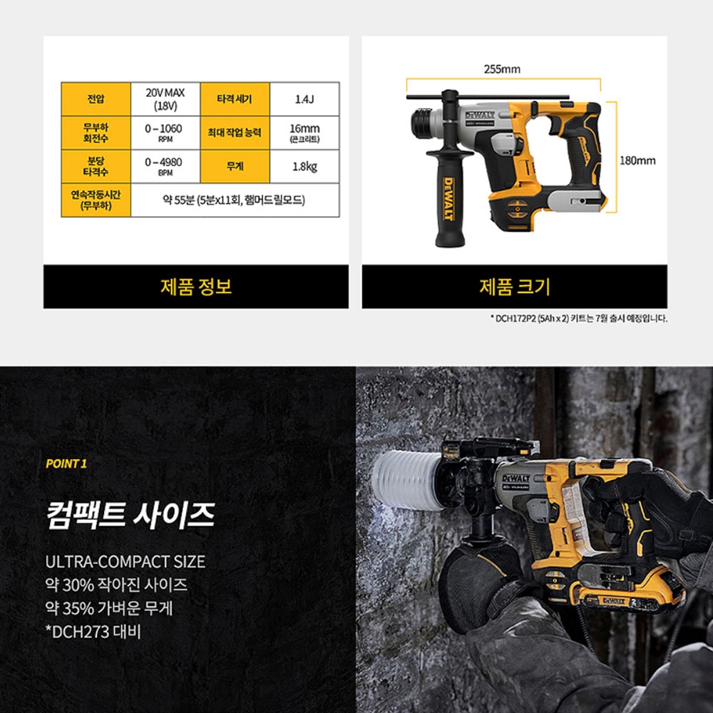 디월트 SDS-PLUS 충전 로타리해머드릴 20V MAX DCH172N 본체만