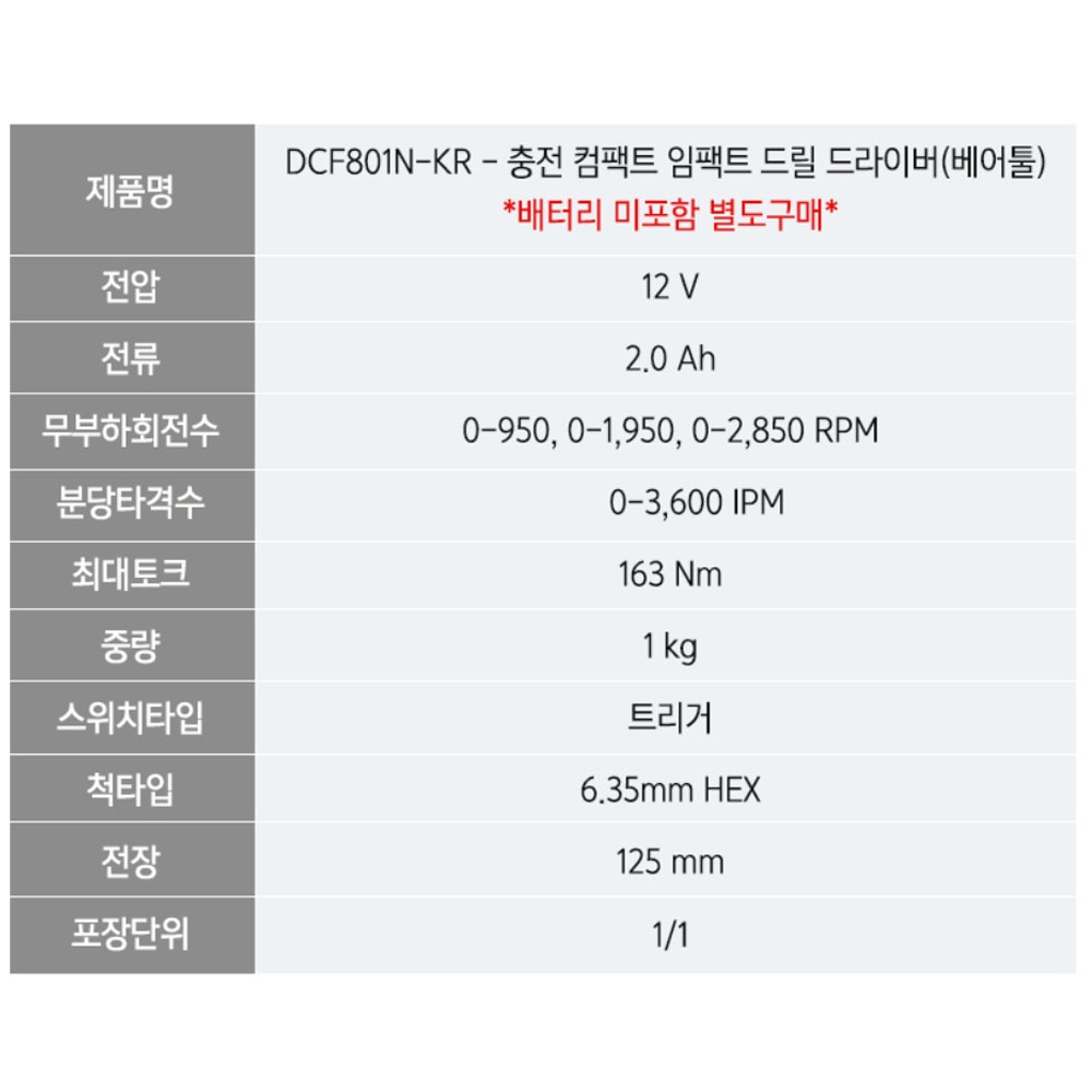 디월트 충전 컴팩트 임팩트드라이버 12V MAX 163Nm 브러쉬리스 DCF801N 본체만