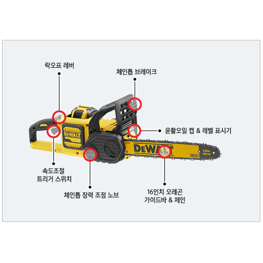 디월트 고효율 브러쉬리스 모터 400MM 충전체인톱 60V 3.0Ah세트 DCM575X2