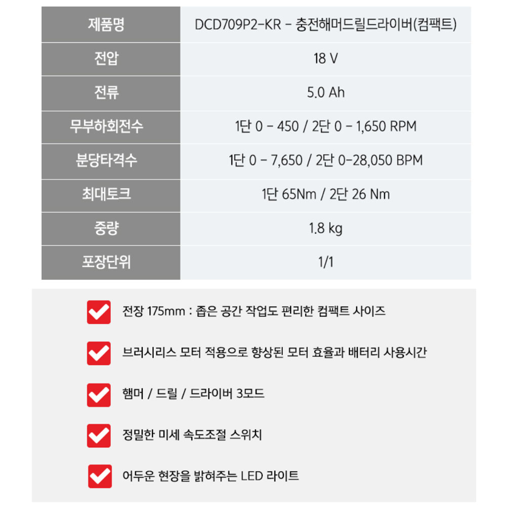 디월트 충전 컴팩트 해머드릴드라이버 20V 5.0Ah세트 DCD709P2