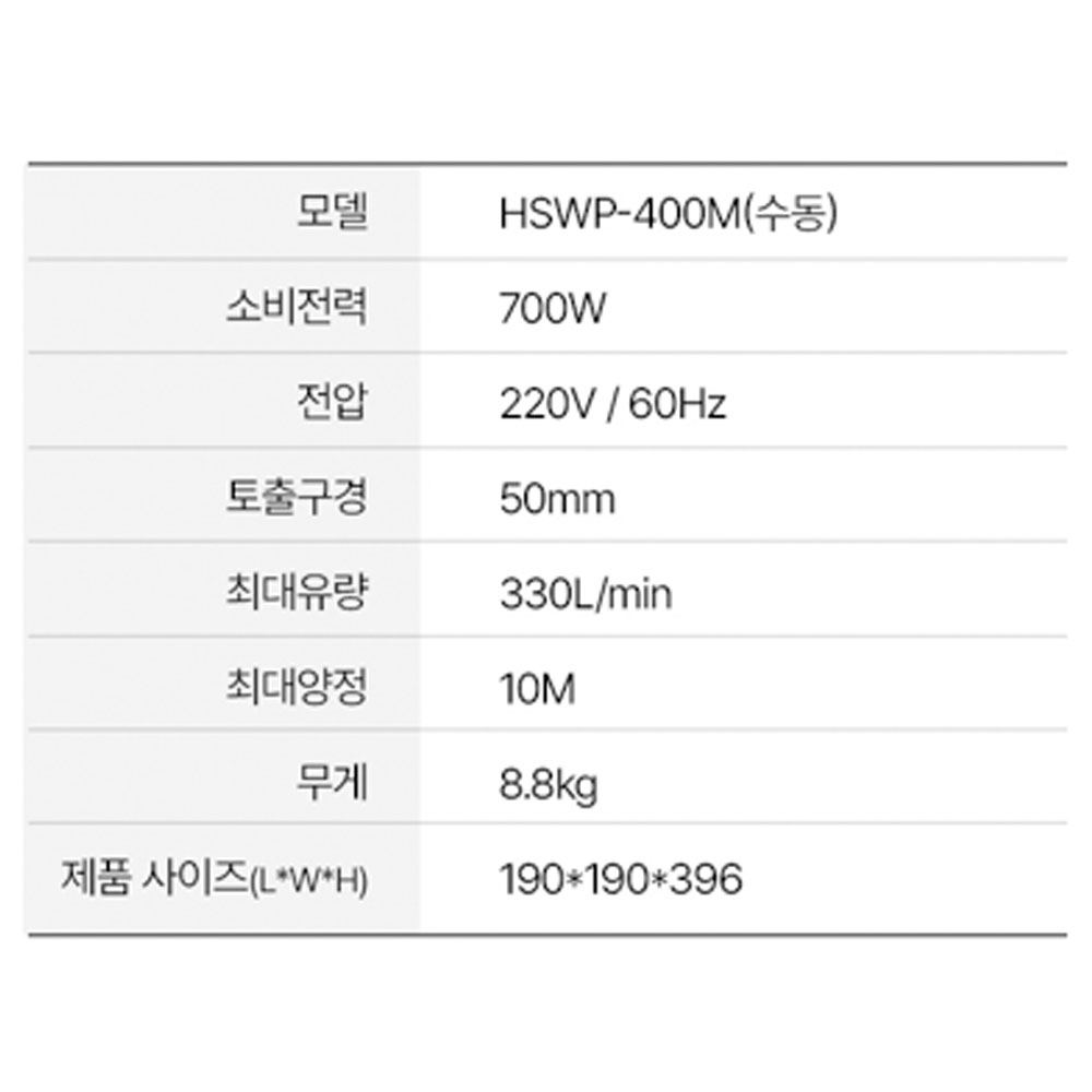 하백 분당 330L 스텐316 수중용 다목적 해수용 수동펌프 700W HSWP-400M