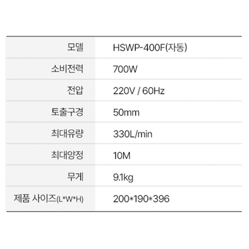 하백 스텐316 스텐316 수중용 다목적 해수용 자동펌프 700W HSWP-400F