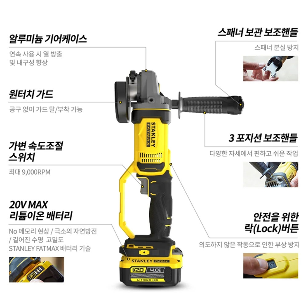 스탠리 팻맥스 20V MAX 4.0Ah 연마 절단 125mm 충전그라인더 SCG400M2K