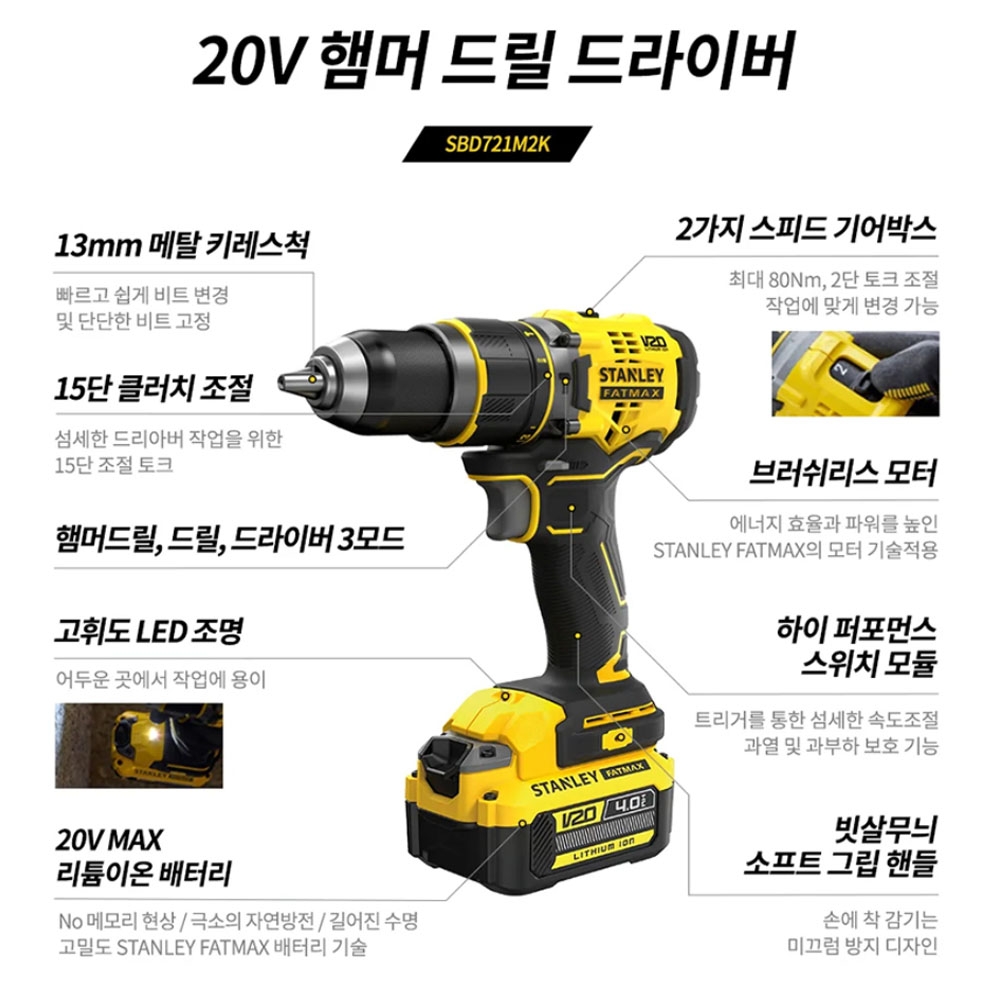 스탠리 BL 충전 해머드릴 드라이버 20V 4.0Ah세트 SBD721M2K