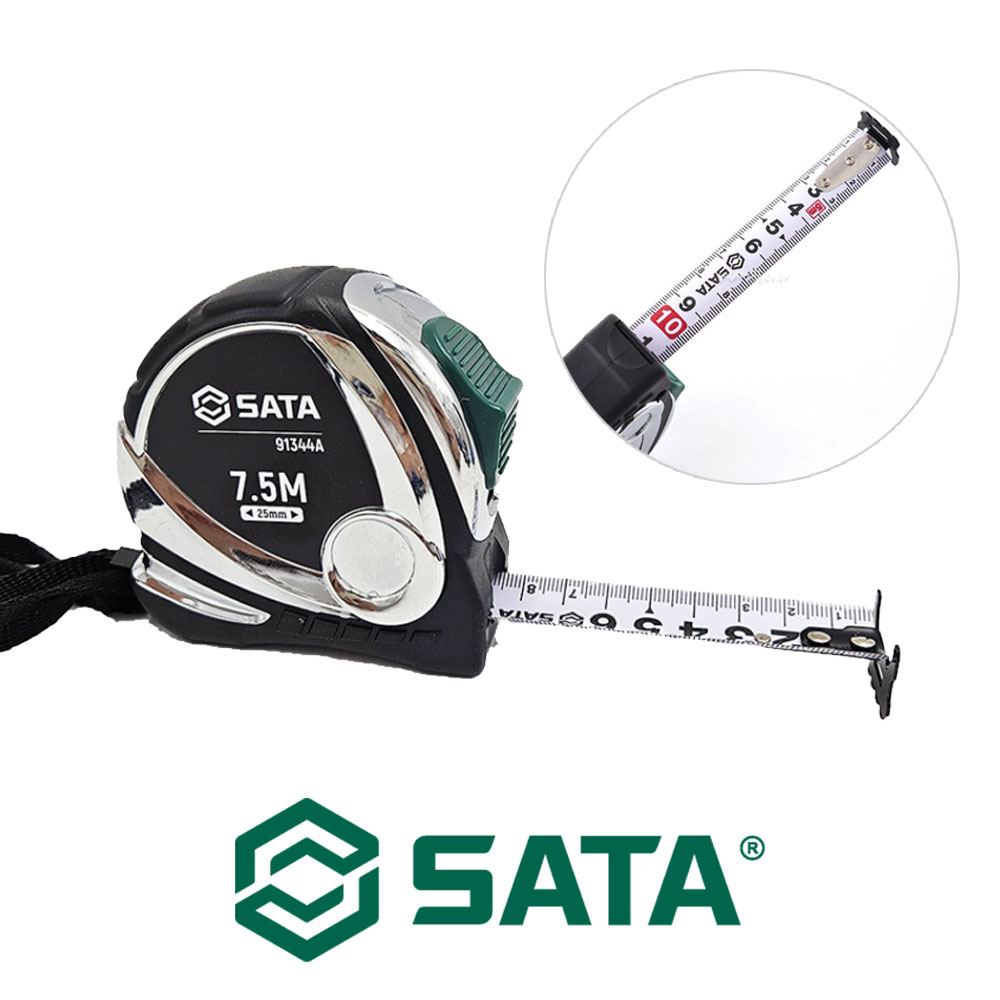 사타 고무그립형 자동줄자 7.5MX25mm 크롬양면줄자 91344A