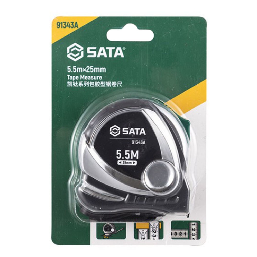 사타 고무그립형 자동줄자 5.5MX25mm 크롬양면줄자 91343A