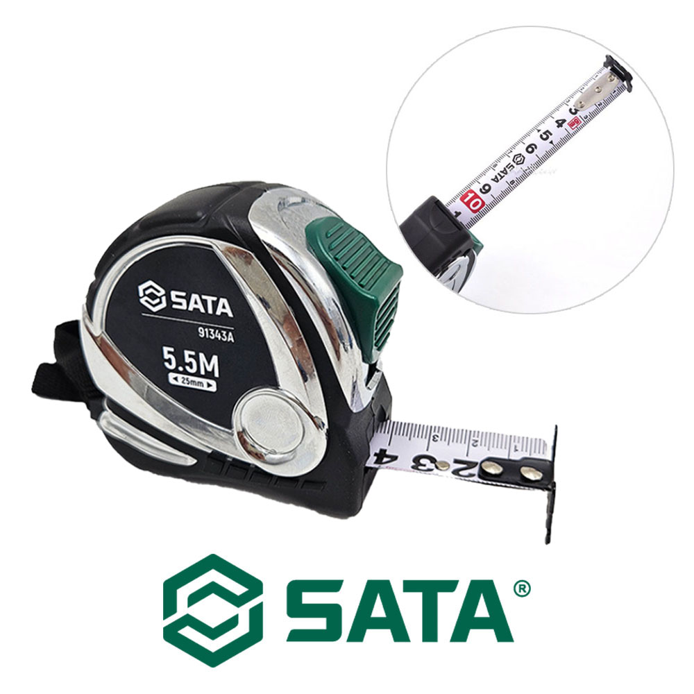 사타 고무그립형 자동줄자 5.5MX25mm 크롬양면줄자 91343A