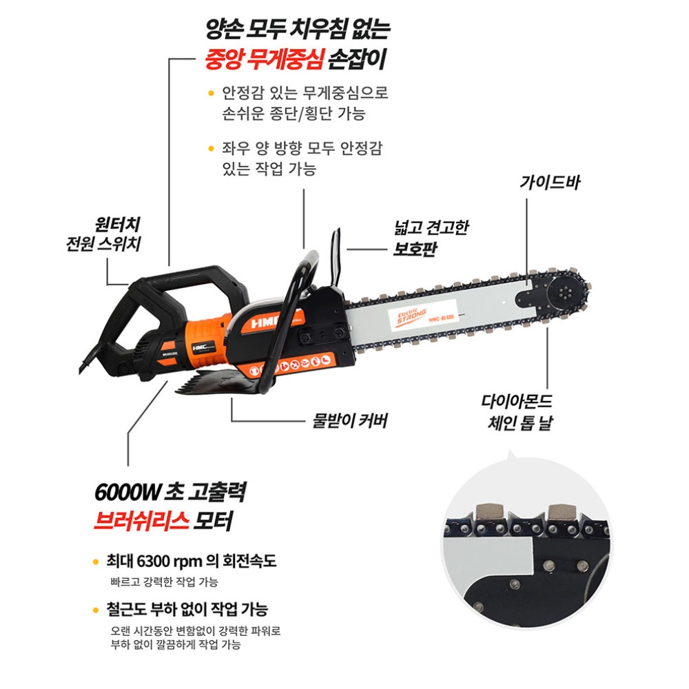 HMC 벽체절단기 콘크리트 체인쏘 480mm 전기체인톱 체인톱날 별도구매 HMC-BL480