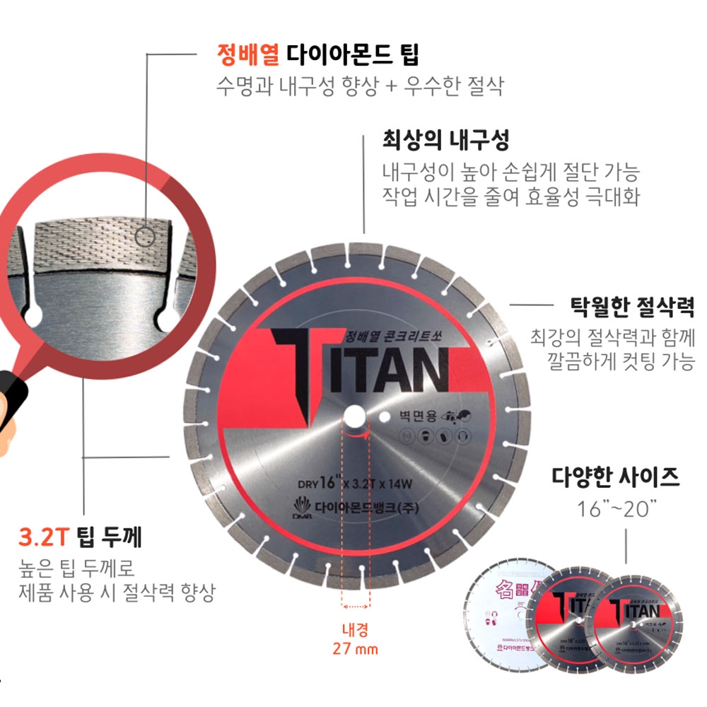 DMB 타이탄 다이아몬드 컷팅날 철근 옹벽 정배열 벽면용 컷팅날 400mm 3.2T 14W