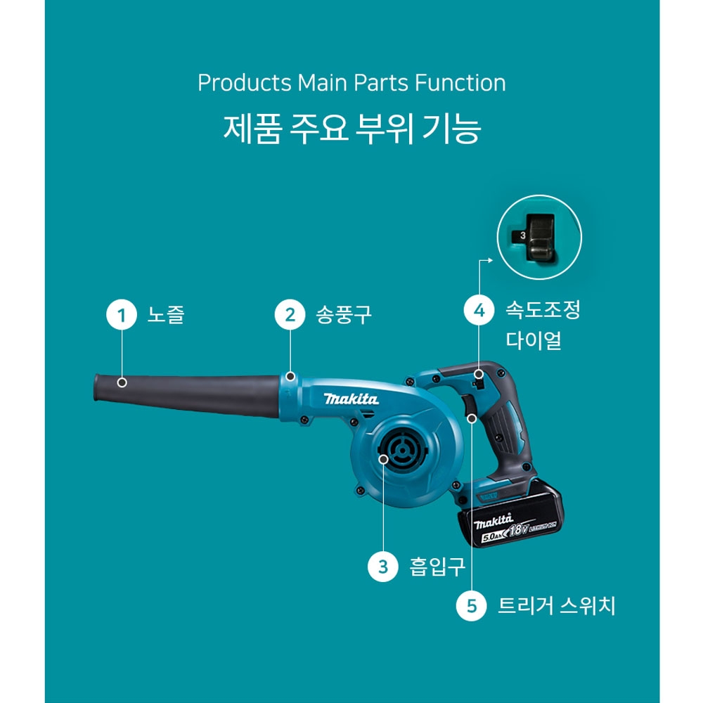 마끼다 블로워 낙엽제설 세차 속도조절 18V5.0Ah 충전송풍기 DUB185 호환배터리포함