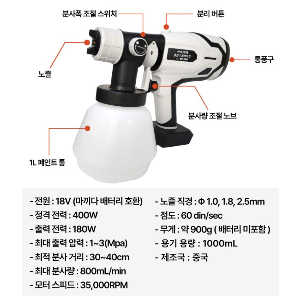 신풍 도색 도장 페인트건 마끼다호환배터리 18V 5.0Ah 충전스프레이건 SP-100