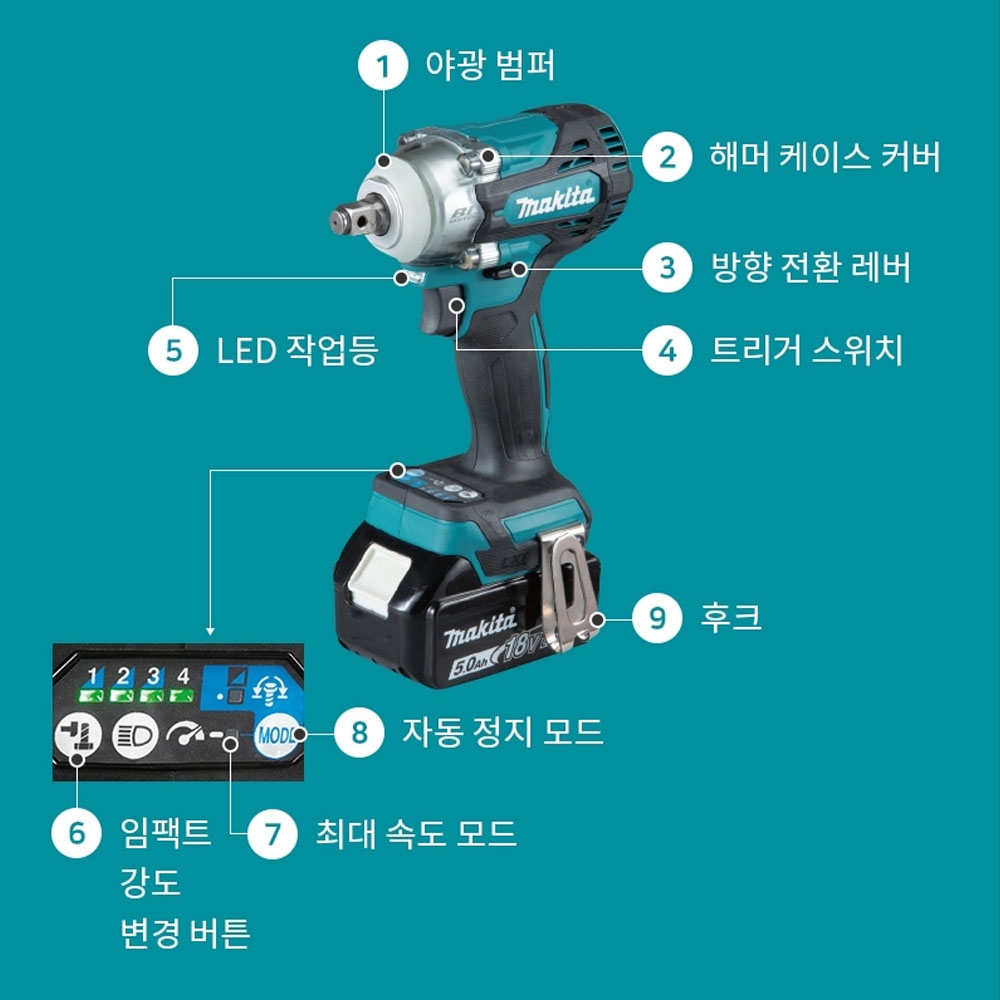 마끼다 호환배터리세트 4단계모드변경 18V 5.0Ah 12.7mm 충전임팩렌치 DTW300