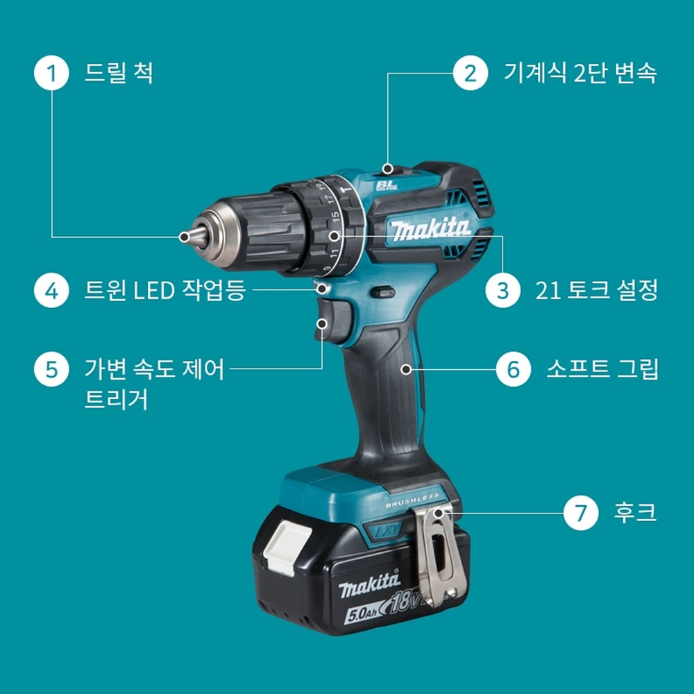마끼다 함마드릴 목재 철재 콘크리트 18V 5.0Ah 충전해머드라이버드릴 DHP485