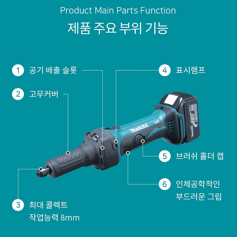 마끼다 과부하경고등 작업능력 8mm 18V5.0Ah호환 충전다이그라인더 DGD800