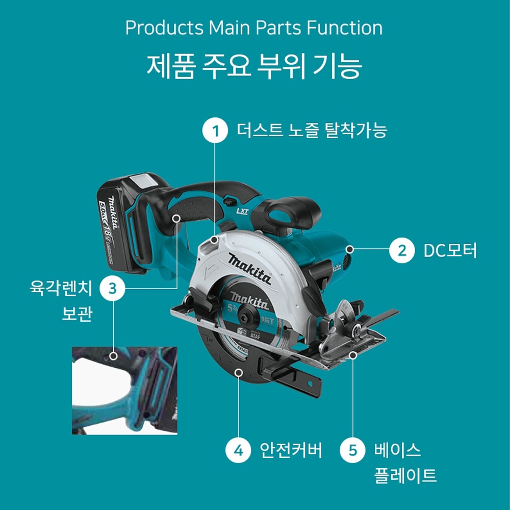 마끼다 3600rpm 최대51mm절단 18V 5.0Ah호환배터리세트 충전원형톱 DSS501