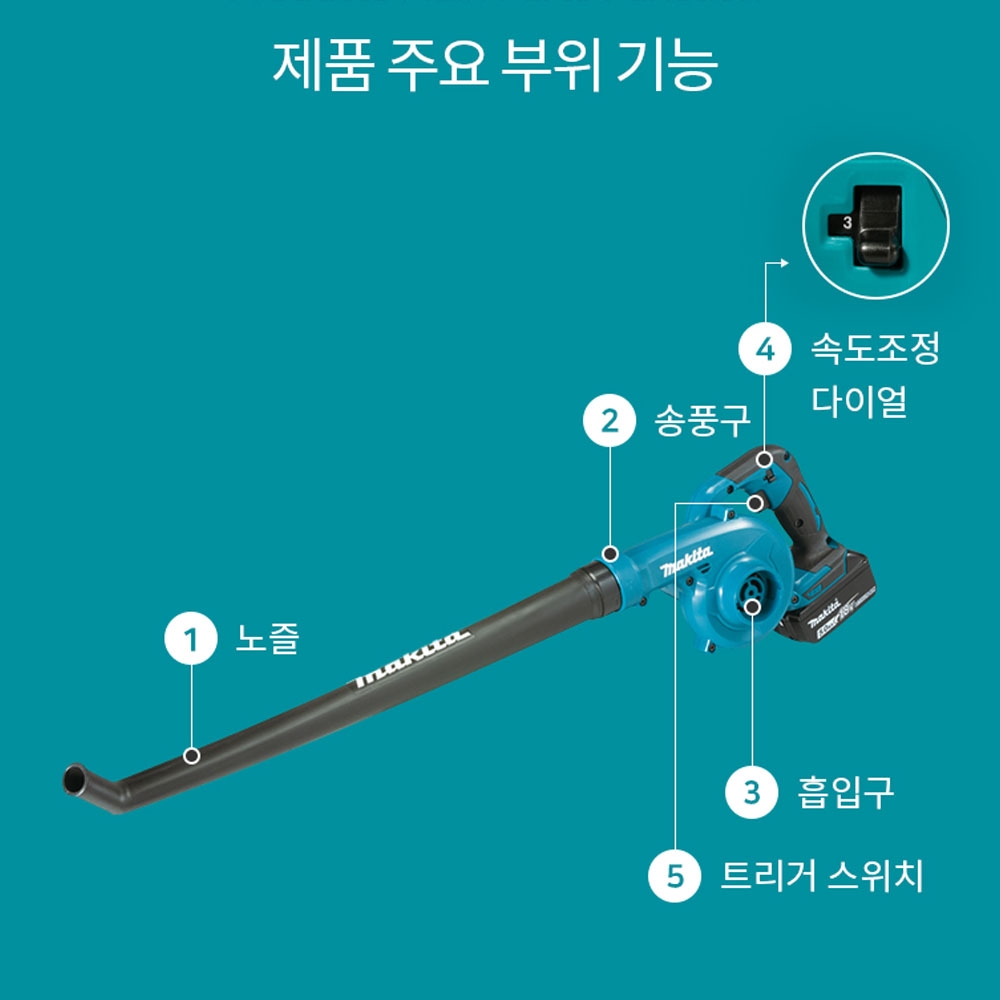 마끼다 블로워 낙엽제설 세차 롱노즐 18V5.0Ah 충전송풍기 DUB186 호환배터리포함