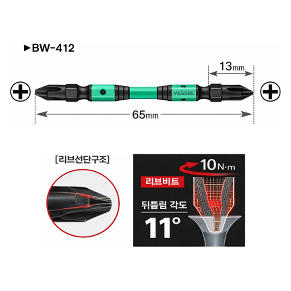 베셀 65mm 리브선단구조 10pcs 십자 양날 블랙 리브 스텝 토션비트 BW-412