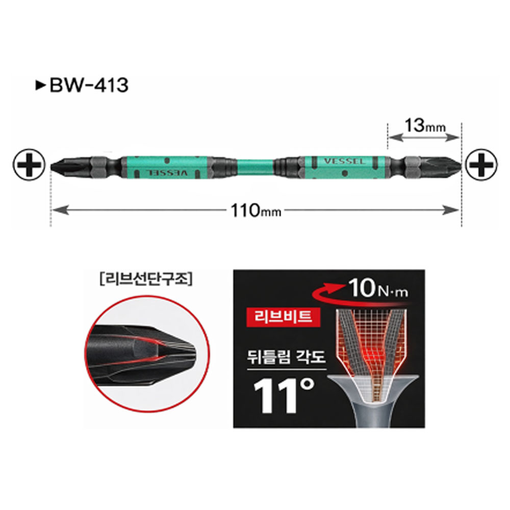 베셀 65mm 리브선단구조 10pcs 십자 양날 블랙 리브 스텝 토션비트 BW-412