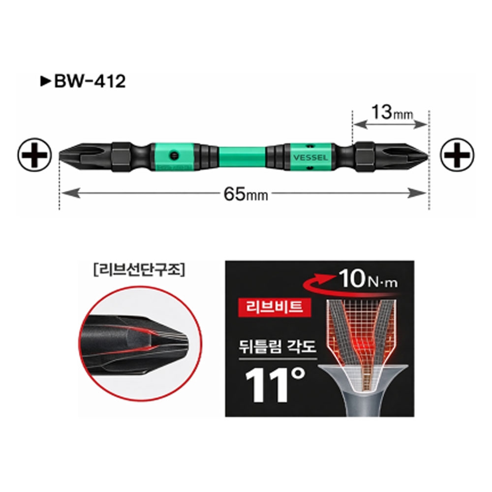 베셀 65mm 리브선단구조 10pcs 십자 양날 블랙 리브 스텝 토션비트 BW-412