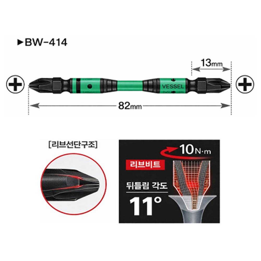 베셀 65mm 리브선단구조 10pcs 십자 양날 블랙 리브 스텝 토션비트 BW-412