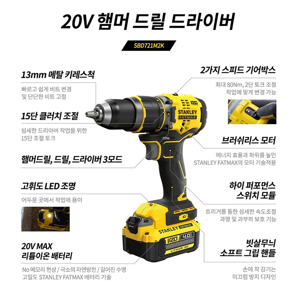 스탠리 20V 4.0Ah 2팩 충전 해머 드릴드라이버 SBD721M2K