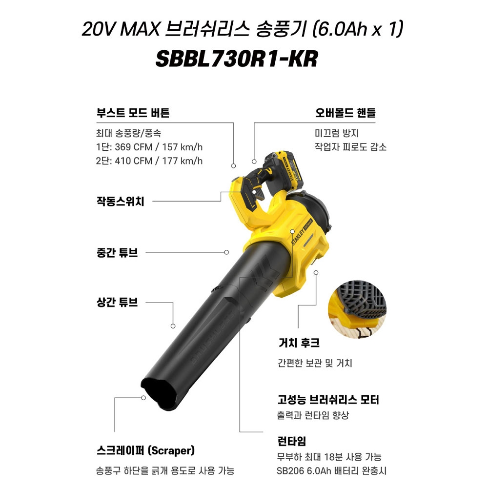 스탠리 낙엽 눈청소 20V 6.0Ah 1팩 충전 대포송풍기 SBBL730R1