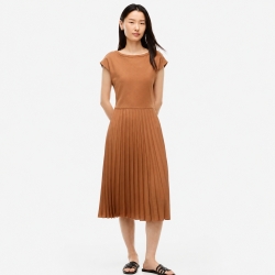타미힐피거 우먼 믹스드 미디아 플릿티드 미디 드레스 XW08618-200 Summer Cognac