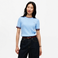 타미힐피거 우먼 반팔 코튼케이블 팁드 스웨터 XW09141-401 Vessel Blue